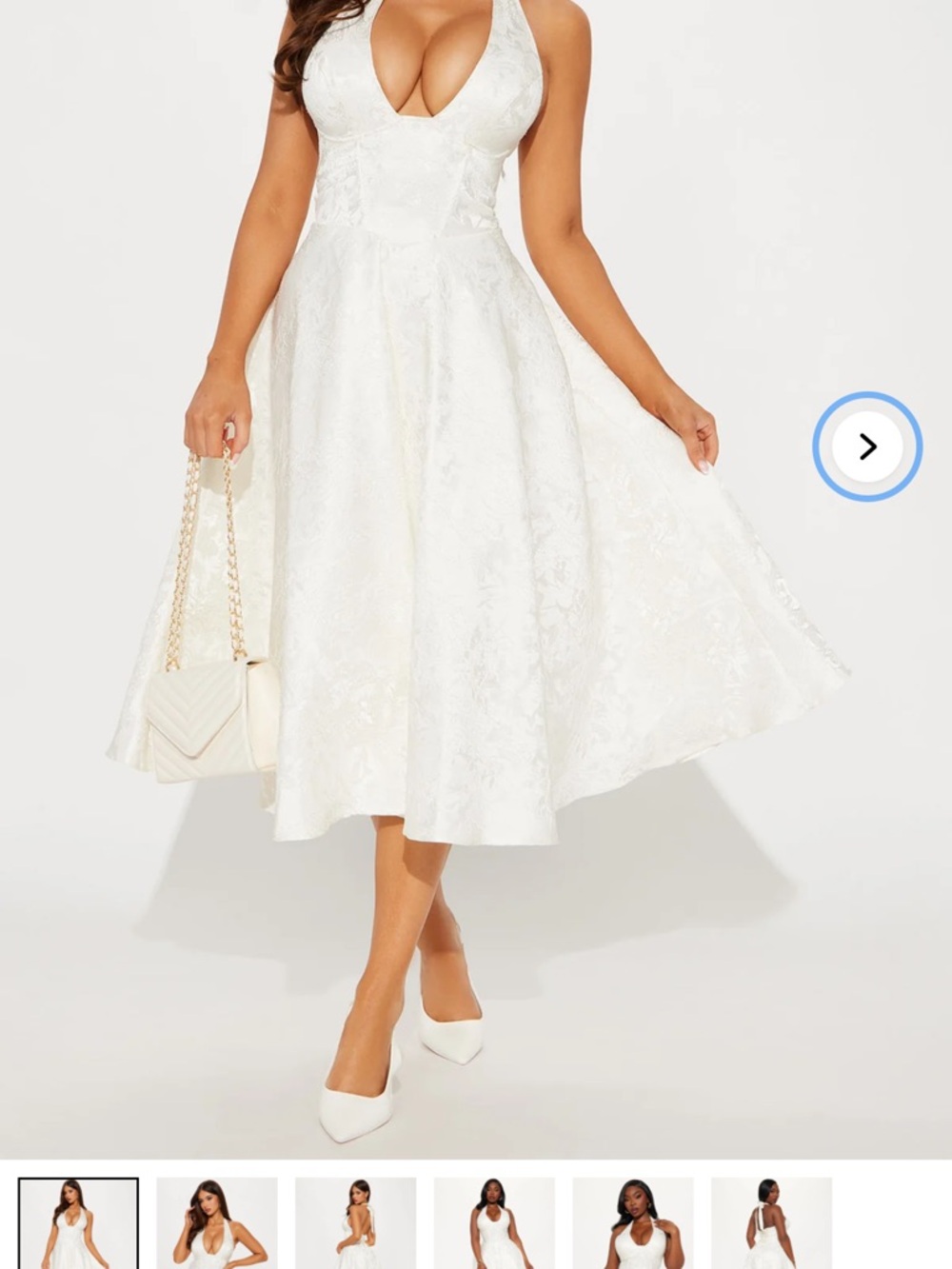 White Floral Jacquard V-Neck Fit & Flare Dress
